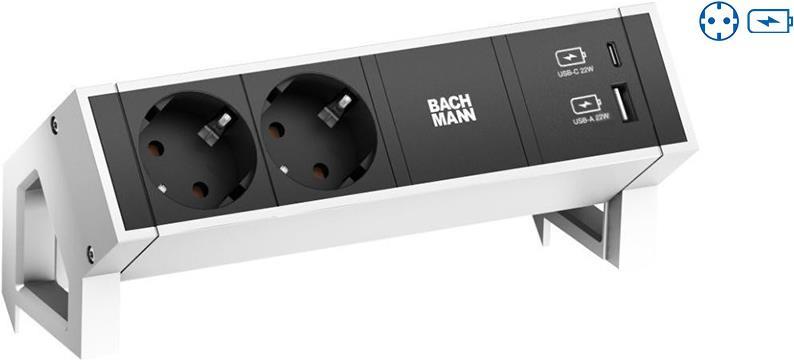 Bachmann DESK2 Steckdosenleiste, Farbe weiss, ähnlich RAL9010, 2xSchutzkontaktsteckdosen schwarz, 1xUSB A&C 22W Lader, Zuleitung 0,2m H05VV-F3G1,5mm² schwarz mit GST18i3 Stecker, inkl. Haltewinkel, verpackt im Karton (902.932) Bachmann DESK2 Steckdosenleiste, Farbe weiss, ähnlich RAL9010, 2xSchutzkontaktsteckdosen schwarz, 1xUSB A&C 22W Lader, Zuleitung 0,2m H05VV-F3G1,5mm² schwarz mit GST18i3 Stecker, inkl. Haltewinkel, verpackt im Karton (902.932) von Bachmann