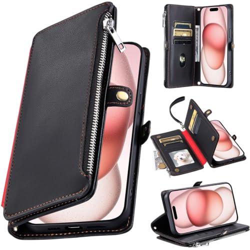 Baifu Hüllen für iPhone 15 Promax, Brieftaschenhülle mit Reißverschluss, 8 Kartenfächer, Hülle aus PU-Leder mit iPhone 15 Promax-01 von Baifu