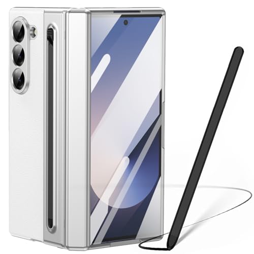 Hülle für Galaxy Z Fold 6, Samsung Fold6 Hülle mit integriertem Scharnierschutz, Samsung Galaxy Z Fold6 Lederhülle mit Displayschutz + S Pen Stylus Ersatz + Stifthalter-Weiß von Baifu