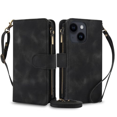 BailiTao Handyhülle Kompatibel mit iPhone 14 Hülle, Standfunktion Magnet Wallet Leder Wallet Flip Cover Wallet Case mit 9 Kartenhaltern, Geeignet Kompatibel mit iPhone 14 (Schwarz) von BailiTao