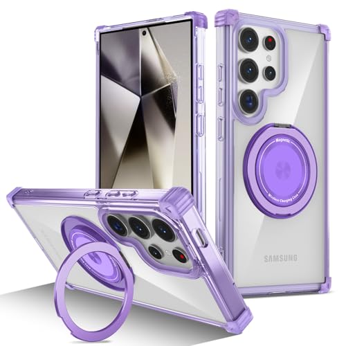 Schutzhülle für Samsung Galaxy S24 Ultra, kristallklar, 360° drehbar, mit Magnetring-Ständer, vergilbt nicht, erhöhter Kamerarahmen, stoßfeste Handy-Stoßfängerabdeckung, Violett von BailiTao