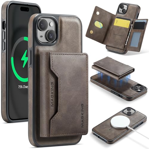 Schutzhülle für iPhone 15, mit Kartenhalter, abnehmbare magnetische Brieftaschen-Handyhülle mit Kartenschlitz-Halter, magnetisches PU-Leder, RFID-blockierend, Klappständer, Schutzhülle (Kaffee) von BailiTao