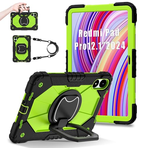 Schutzhülle kompatibel mit Xiaomi Redmi Pad Pro 12,1 Zoll / Poco Pad 30,7 cm (12,1 Zoll), robuste Schutzhülle, mit 360° drehbarem Ständer, Handschlaufe und Schultergurt (Schwarz, Gelb, Grün) von BailiTao