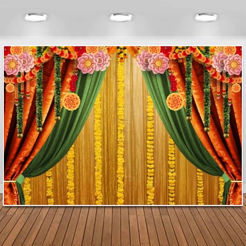 7x5 ft Vinyl-Hintergrunddekoration mit indischem Motiv für Puja, Hindu-Blumen, traditionelles Festival, Ganpati, Pooja, Hintergrund für Hochzeitsfeier, Brautparty, Hintergrund von Baiyiguiyi