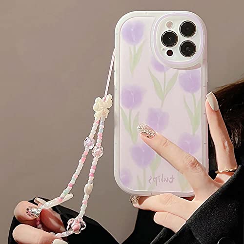 Bakicey Handyhülle für iPhone 14 Pro Hülle mit Perlenkette Aesthetic Tulpe Blumen Schutzhülle Transparent TPU Frauen Mädchen Glitzer Kristal Case mit Süßes Chain für iPhone 14 Pro, Lila von Bakicey