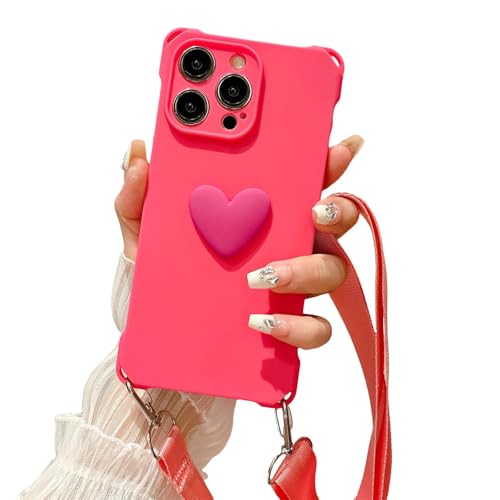 Bakicey Liquid Silikon Handykette Hülle für iPhone 14 Pro Max,Verstellbarer Halskette Silikon 3D Liebe Handyhülle Kordel Umhängen Schutzhülle Hülle iPhone 14 Pro Max,Rose Flachseil von Bakicey