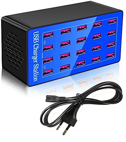 20 Ports 100 W/20 A USB-Ladestation, Multi-Geräte, Desktop, Apple, Smartphones und mehr. (20 Port-Blue) von Balabaxer