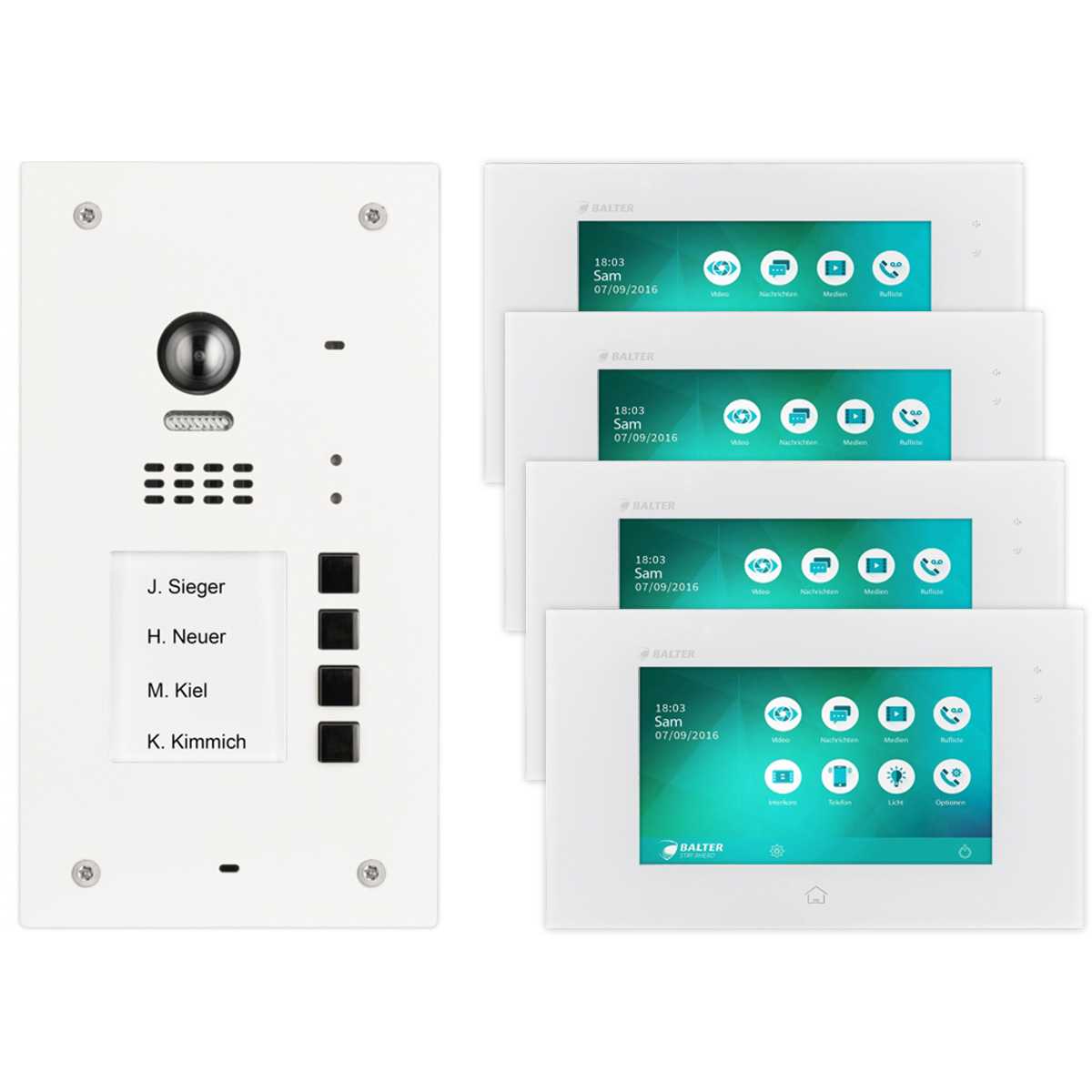 BALTER EVIDA Edelstahl Video Türsprechanlage 7 JUNO Monitor RFID Weiß/Weiß 4 Familienhaus Set von Balter