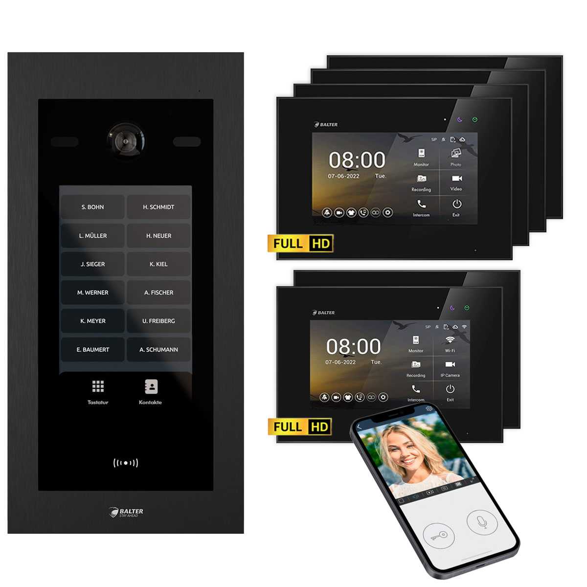 Balter EVO HD Touch Video Türsprechanlage Ein- & Mehrfamilienhaus Schwarz 2x 7 Monitor WiFi + 4x 7 Monitor Schwarz von Balter