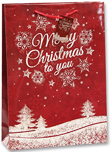 Bambelaa! 12 Stück Merry Christmas Geschenktüten Weihnachten Geschenktaschen Groß Papiertüten Weihnachtstüten 157 g Papier Rot Glänzend (Ca. 25x8,5x34 cm) von Bambelaa!