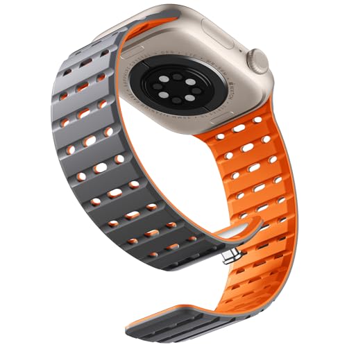 Bandletic Magnetbänder Kompatibel mit Apple Watch Armband 42mm(Series 10) 40mm 41mm 38mm, Weiches Silikon Sport Band für iWatch Series 10 SE 9 8 7 6 5 4 3 2 1 für Herren Damen, Grau Orange von Bandletic