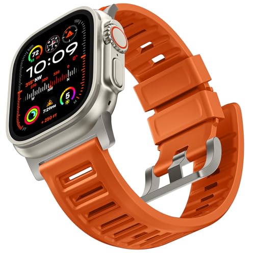 Bandletic R-FKM Armband Kompatibel mit Apple Watch Armband Ultra 2/Ultra 49mm 45mm 44mm 42mm Armband für Herren, Weiche Atmungsaktive Sport Ersatzbänder für iWatch Serie SE 9 8 7 6 5 4 3 2 1, Orange von Bandletic