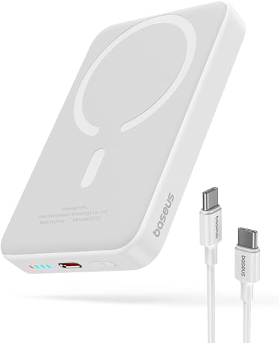 Baseus Magsafe Powerbank 10000mAh, Kabellose Powerbank Magnetische, Externer Akku für iPhone 15/14/13/12 Serie, PD 20W Mini Powerbank USB-C, Klein Aber Stark, Weiß von Baseus