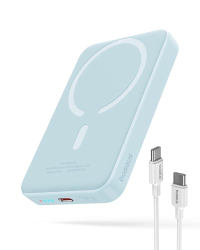 Baseus Magsafe Powerbank 10000mAh, Kabellose Magnetische Powerbank, Externer Akku für iPhone 15/14/13/12 Serie, PD 20W USB-C Mini Powerbank, Hellblau von Baseus