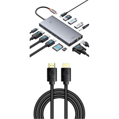 Baseus USB C Docking Station 3 Monitore, 13-in-1 USB C Hub mit 2 HDMI 4K@60Hz, DisplayPort 4K@120Hz, VGA & Baseus HDMI 8K auf HDMI 8K 60Hz Adapterkabel, 2m, Schwarz von Baseus