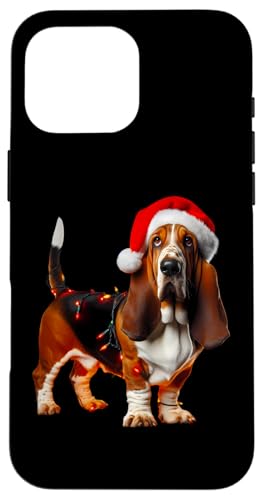 Hülle für iPhone 16 Pro Max Basset Hound mit Weihnachtsmannmütze, Weihnachtsbeleuchtung, Hundebesitzer, Liebhaber von Basset Hound Christmas Products