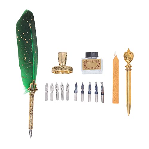 Baxnore Calligraphy Feather Pen Set, Feather Fountain Stift Set mit 10 austauschbarer NIB, Retro Quill Stift Set, Quill Stift -Tinte -Set für Anfänger Erwachsene (Grün) von Baxnore