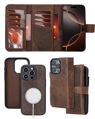 Bayelon Wallet Case für iPhone 16 Pro, dreifach gefaltete Leder-Brieftasche, abnehmbare magnetische Flip-Folio-Abdeckung, Kartenhalter, iPhone 16 Pro Hülle für Damen und Herren, MagSafe-kompatibel, von Bayelon