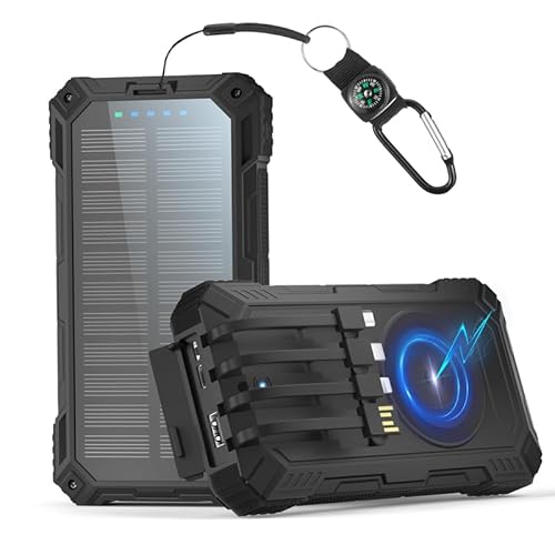 Bazcuka 46800 mAh Solar Power Bank 22.5W Schnell, Powerbank Wireless Tragbares Ladegerät mit Licht, Externe Handyakku mit integriertem Kabel 3 Eingänge 6 Ausgänge von Bazcuka