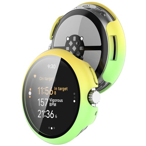 Bdsidy Hülle für Google Pixel Watch 3 41mm 45mm Schutzhülle Con Displayschutzfolie, Kratzfest Schutzfolie Bumper Case Ultradünne Stoßfeste Cover für Google Pixel Watch3 (2 Stück Grün Gelb, 41mm) von Bdsidy