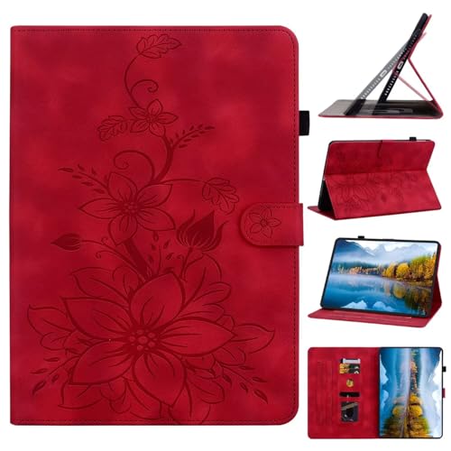 Beajew Amazon Fire HD 10 (2019/2017) Hülle PU Leder Brieftasche Flip Tasche Flip Cover Stand Kartensteckplatz Tablet Schutzhülle,Multi-Winkel Ständer,Lilienmuster -Rot von Beajew