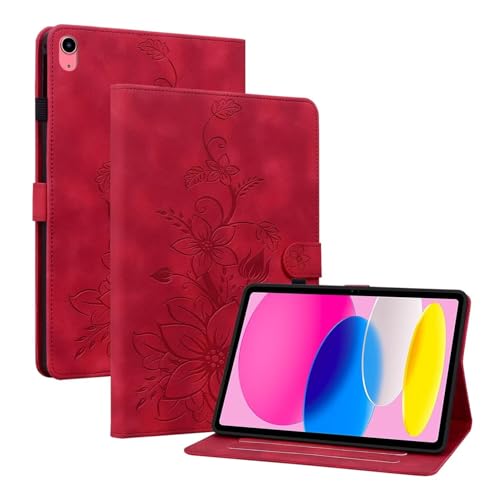 Beajew Apple iPad (2022) 10.9" Hülle PU Leder Brieftasche Flip Tasche Flip Cover Stand Kartensteckplatz Tablet Schutzhülle,Multi-Winkel Ständer,Lilienmuster -Rot von Beajew