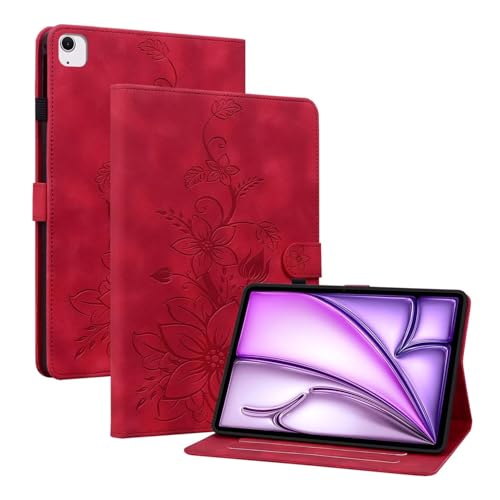 Beajew Apple iPad Air 11 (2024) Hülle PU Leder Brieftasche Flip Tasche Flip Cover Stand Kartensteckplatz Tablet Schutzhülle,Multi-Winkel Ständer,Lilienmuster -Rot von Beajew