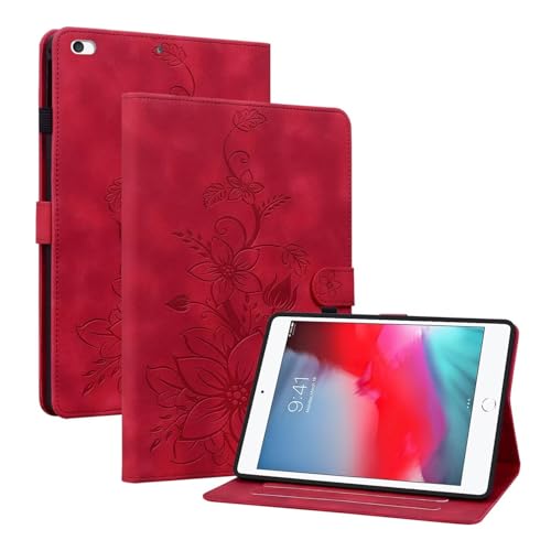 Beajew Apple iPad Mini (2019) 7.9" Hülle PU Leder Brieftasche Flip Tasche Flip Cover Stand Kartensteckplatz Tablet Schutzhülle,Multi-Winkel Ständer,Lilienmuster -Rot von Beajew