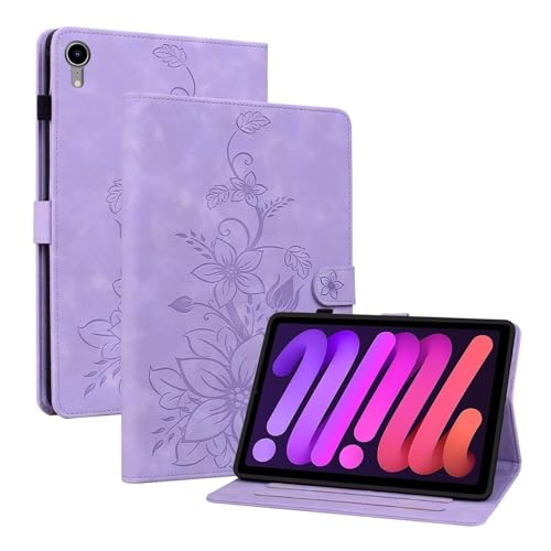 Beajew Apple iPad Mini (2021) 8.3"/Mini 6 Hülle PU Leder Brieftasche Flip Tasche Flip Cover Stand Kartensteckplatz Tablet Schutzhülle,Multi-Winkel Ständer,Lilienmuster -Lila von Beajew