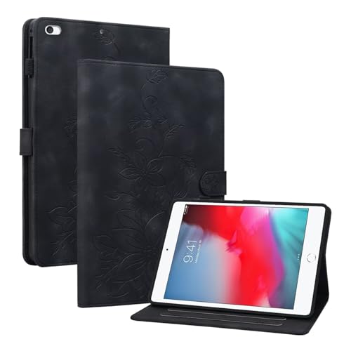 Beajew Apple iPad Mini 2/Apple iPad Mini 3 7.9" Hülle PU Leder Brieftasche Flip Tasche Flip Cover Stand Kartensteckplatz Tablet Schutzhülle,Multi-Winkel Ständer,Lilienmuster -Schwarz von Beajew