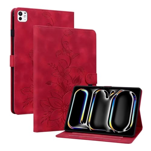 Beajew Apple iPad Pro 11 (2024) Hülle PU Leder Brieftasche Flip Tasche Flip Cover Stand Kartensteckplatz Tablet Schutzhülle,Multi-Winkel Ständer,Lilienmuster -Rot von Beajew