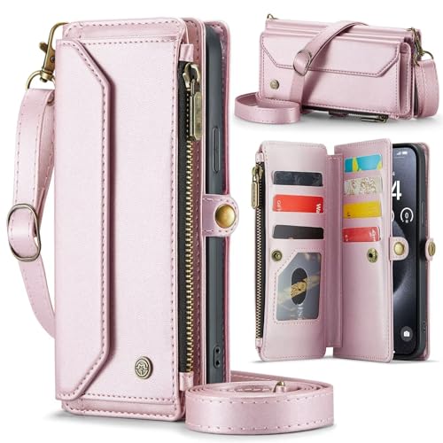 Beajew Handyhülle Google Pixel 8 Pro Hülle Mit Band, Flip Leder Geldborse Handyhülle, Lederhülle Reißverschluss Magnetverschluss Brieftasche,Premium PU Hülle- Rosa von Beajew