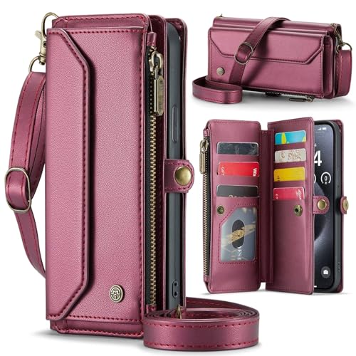 Beajew Handyhülle Samsung Galaxy S22 Plus Hülle Mit Band, Flip Leder Geldborse Handyhülle, Lederhülle Reißverschluss Magnetverschluss Brieftasche,Premium PU Hülle- Weinrot von Beajew