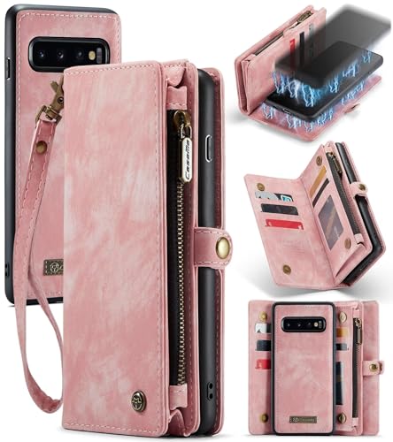 Beajew Handyhülle für Samsung Galaxy S10 Plus, Caseme Retro Reißverschluss Hülle PU Leder Weiche Klapphülle Magnetverschluss Kartenfach Standfunktion Geldbörse, Rosa von Beajew