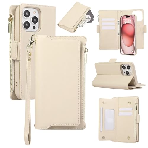 Beajew Hülle Kompatibel mit Samsung Galaxy S22 Plus [Abnehmbar] 2-IN-1 Magnetische Schutzhülle,Vintage Reißverschluss Handyhülle mit 6 Kartenfächer,Standfunktion-Beige von Beajew