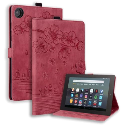 Beajew Hülle für Amazon Fire HD 8 (2015/2016/2017/2018), mit Stifthalter, Trifold Ständer, Unterstützt Touch-ID,Flexible PU hülle,Schutzhülle PU Leder Folio Cover Case Würfel-Weinrot von Beajew