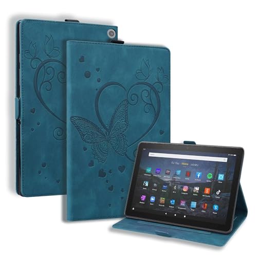 Beajew Kompatibel mit Amazon Fire HD 8 2020/2022 Generation Hülle Geprägter Schmetterling PU Leder Case Brieftasche Stifthalter Tablet Schutzhülle für Amazon Fire HD 8 2020/2022 - Blau von Beajew