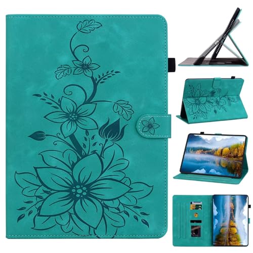 Beajew Samsung Galaxy Tab A 8.0 (2019) Hülle PU Leder Brieftasche Flip Tasche Flip Cover Stand Kartensteckplatz Tablet Schutzhülle,Multi-Winkel Ständer,Lilienmuster -Grün von Beajew