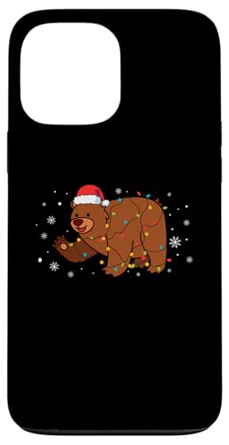 Hülle für iPhone 13 Pro Max Bär mit Weihnachtsmannmütze, Schneeflocken, Weihnachtsbeleuchtung von Bear Santa Claus Christmas Apparel