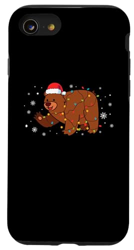 Hülle für iPhone SE (2020) / 7 / 8 Bär mit Weihnachtsmannmütze, Schneeflocken, Weihnachtsbeleuchtung von Bear Santa Claus Christmas Apparel