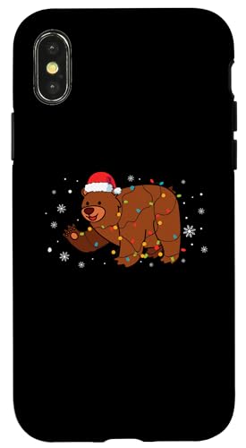 Hülle für iPhone X/XS Bär mit Weihnachtsmannmütze, Schneeflocken, Weihnachtsbeleuchtung von Bear Santa Claus Christmas Apparel