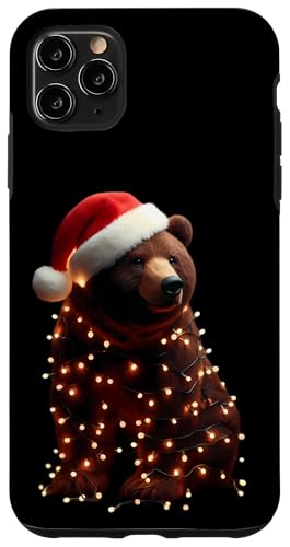 Hülle für iPhone 11 Pro Max Bär mit Weihnachtsmütze und Weihnachtsbeleuchtung, Braunbären von Bear With Santa Hat And Christmas Products