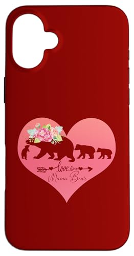 Hülle für iPhone 16 Plus Blumenherz dunkelrosa Mama Bär drei Jungtiere für Muttertag von Bears Tees For Moms Women Mother Grandma