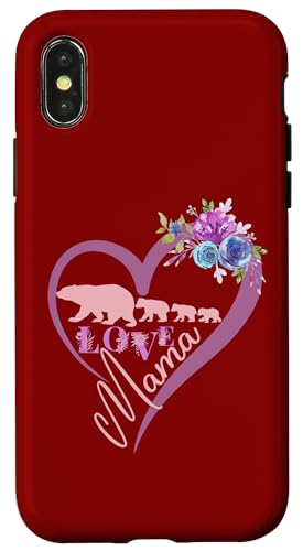 Hülle für iPhone X/XS Blumenherz rosa Mama Bär und drei Babys Mütter von Bears Tees For Moms Women Mother Grandma