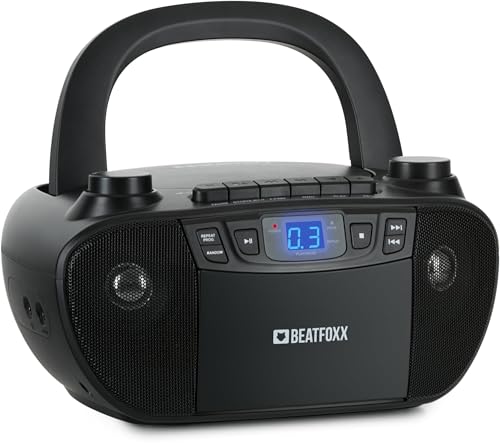 Beatfoxx CDB-1016 BK Boombox mit Kassette, CD-Player, Radio mit Tragegriff - Rekorder mit AUX-Eingang und Kopfhörer-Ausgang - Betrieb über Netzkabel oder 6X Typ C-Batterien - Kinder & Erwachsene von Beatfoxx