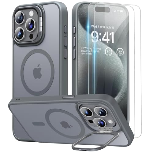 Beeasy für iPhone 15 Pro Hülle, Kompatibel mit MagSafe, Ständer Handyhülle mit 2 Stück Schutzfolie, Magnetische Stoßfest Schutzhülle Case, Durchscheinend Matt Grau von Beeasy