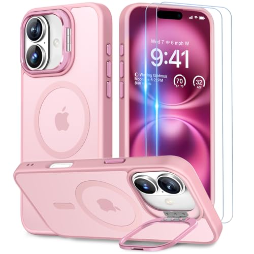 Beeasy für iPhone 16 Hülle für MagSafe mit Ständer, Handyhülle mit 2 Stück Schutzfolie, Magnetische Stoßfest Schutzhülle für iPhone 16 Case 6,1 Zoll, Durchscheinend Matt Rosa von Beeasy