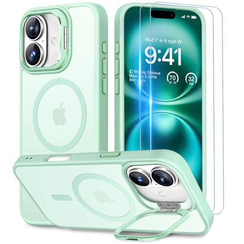 Beeasy für iPhone 16 Hülle mit Ständer, Handyhülle mit 2 Stück Schutzfolie, Magnetische Stoßfest Schutzhülle für iPhone 16 Case 6,1 Zoll, Durchscheinend Matt Grün von Beeasy