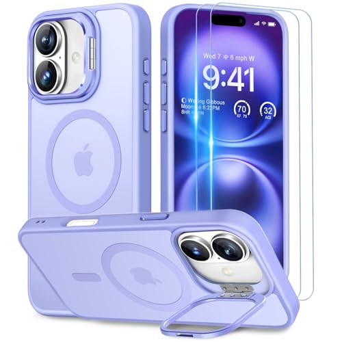 Beeasy für iPhone 16 Hülle mit Ständer, Handyhülle mit 2 Stück Schutzfolie, Magnetische Stoßfest Schutzhülle für iPhone 16 Case 6,1 Zoll, Durchscheinend Matt Lila von Beeasy