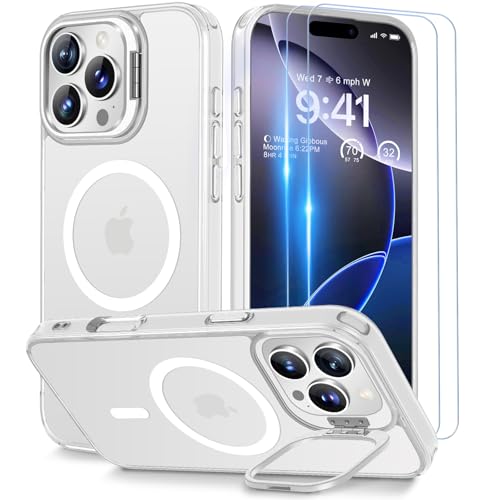 Beeasy für iPhone 16 Pro Hülle für MagSafe mit Ständer, Handyhülle mit 2 Stück Schutzfolie, Magnetische Stoßfest Schutzhülle für iPhone 16 Pro Case 6,3 Zoll, Durchscheinend Matt Weiß von Beeasy